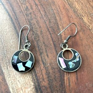 Vintage Alpaca Silver Black and Abalone Shell Inlay Dangle Earrings